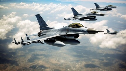 F-16 air force fighters flying over the ocean at low altitude, beautiful sky on the background
