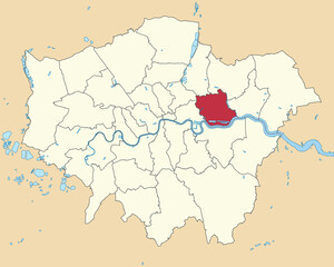 Red flat blank highlighted location map of the BOROUGH OF NEWHAM inside beige administrative local authority districts map of London, England