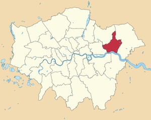 Fototapeta na wymiar Red flat blank highlighted location map of the BOROUGH OF BARKING AND DAGENHAM inside beige administrative local authority districts map of London, England