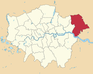 Fototapeta na wymiar Red flat blank highlighted location map of the BOROUGH OF HAVERING inside beige administrative local authority districts map of London, England