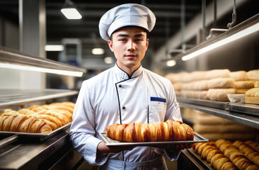 Smiling young asian baker man standing with fresh bread at bakery. Happy baker in his bakery. Generative AI