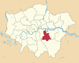 Fototapeta na wymiar Red flat blank highlighted location map of the BOROUGH OF LEWISHAM inside beige administrative local authority districts map of London, England