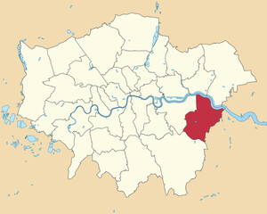 Fototapeta na wymiar Red flat blank highlighted location map of the BOROUGH OF BEXLEY inside beige administrative local authority districts map of London, England