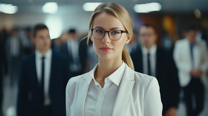 Female scientist in white coat conducting experiments in modern medical lab with team of specialists