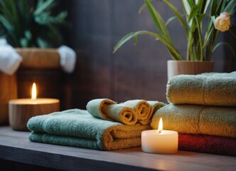 Fototapeta na wymiar Warm spa setting with towels and candles, cozy atmosphere 