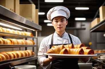 Smiling young asian baker man standing with fresh bread at bakery. Happy baker in his bakery. Generative AI