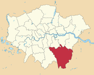 Red flat blank highlighted location map of the BOROUGH OF BROMLEY inside beige administrative local authority districts map of London, England