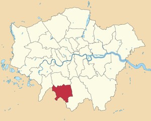 Fototapeta na wymiar Red flat blank highlighted location map of the BOROUGH OF SUTTON inside beige administrative local authority districts map of London, England