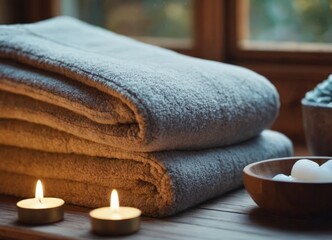 Obraz na płótnie Canvas Soft spa towels with candles by the window. 