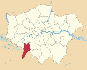 Red flat blank highlighted location map of the ROYAL BOROUGH OF KINGSTON UPON THAMES inside beige administrative local authority districts map of London, England