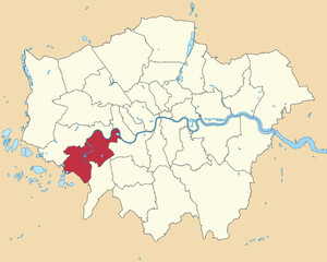 Fototapeta na wymiar Red flat blank highlighted location map of the BOROUGH OF RICHMOND UPON THAMES inside beige administrative local authority districts map of London, England