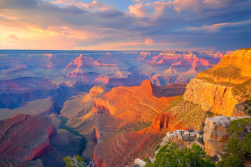 Fototapeta na wymiar Grand canyon at sunrise, a dramatic image showcasing the Grand Canyon bathed in the soft hues of sunrise, creating a majestic and awe-inspiring scene for national park promotions, travel photography.