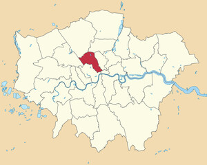 Red flat blank highlighted location map of the BOROUGH OF CAMDEN inside beige administrative local authority districts map of London, England