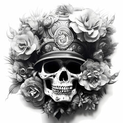 Pirate Man skull, tribal tattoo. Hand drawn black ink illustration isolated on white background. Floral pattern of plants with flowers in retro vintage style design
