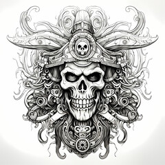 Pirate Man skull, tribal tattoo. Hand drawn black ink illustration isolated on white background. Floral pattern of plants with flowers in retro vintage style design