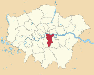 Red flat blank highlighted location map of the BOROUGH OF SOUTHWARK inside beige administrative local authority districts map of London, England