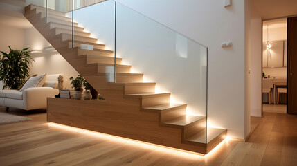 A minimalist wooden staircase with transparent glass sides, under-handrail LED lighting creating a cozy ambiance in a trendy, modern house.