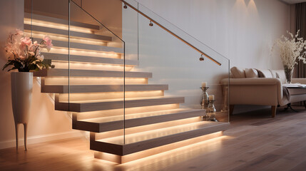 A minimalist wooden staircase in a pale color scheme with clear glass balustrades, softly illuminated by LED lights under the handrails, in a luxurious home.