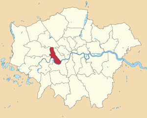 Red flat blank highlighted location map of the BOROUGH OF HAMMERSMITH AND FULHAM inside beige administrative local authority districts map of London, England