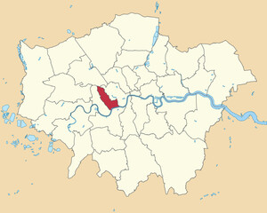 Fototapeta na wymiar Red flat blank highlighted location map of the ROYAL BOROUGH OF KENSINGTON AND CHELSEA inside beige administrative local authority districts map of London, England