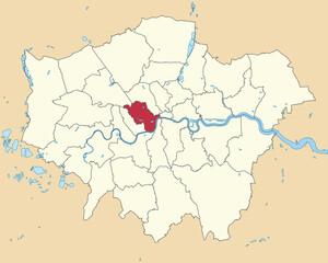 Red flat blank highlighted location map of the CITY OF WESTMINSTER inside beige administrative local authority districts map of London, England