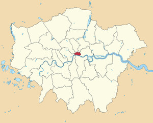 Red flat blank highlighted location map of the CITY OF LONDON inside beige administrative local authority districts map of London, England
