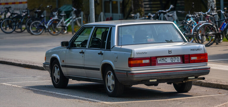 Gothenburg, Sweden - May 20 2023: Classic Silver Volvo 740 GLT car in a parking lot.