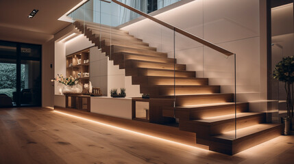 A minimalist wooden staircase with glass balustrades, LED lighting under the handrails softly lighting the path in an elegant house. - obrazy, fototapety, plakaty