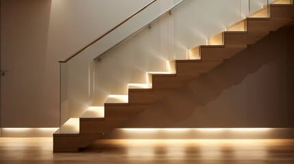 A minimalist wooden staircase with glass balustrades, LED lighting under the handrails softly lighting the steps in an elegant house.