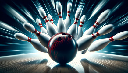 Close-up of a bowling ball hitting pins scoring a strike, bottom view and action shot. Ten pin bowling game concept - obrazy, fototapety, plakaty