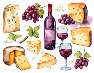 Watercolor wine glass and bottle decorated with delicious food
