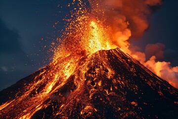 A volcano erupting at night - obrazy, fototapety, plakaty