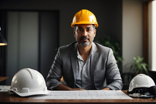 Portrait of professional architect engineer looking at camera with safety helmet, project plan and house model on meeting table while posed with confident