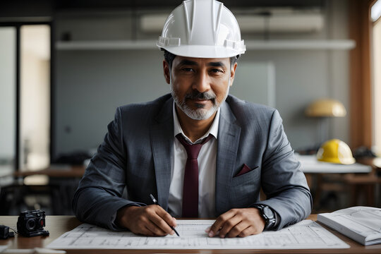 Portrait of professional architect engineer looking at camera with safety helmet, project plan and house model on meeting table while posed with confident