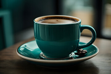 Close-up of a dark teal ceramic coffee cup full of black coffee, placed on a matching saucer - obrazy, fototapety, plakaty