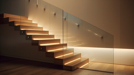 A minimalist wooden staircase with transparent glass sides, under-handrail LED lighting creating a cozy ambiance in a trendy, modern house.
