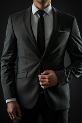 Frontal view of a businessman’s torso in a stylish business suit, isolated on a black background