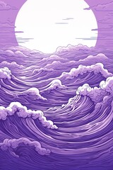 Minimal pen illustration sketch purple & white drawing of an ocean
