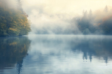 Obraz na płótnie Canvas Mysterious fog-covered lake, an atmospheric image capturing a serene lake shrouded in mysterious fog, creating an ethereal and contemplative scene for nature photography, tranquil retreats.