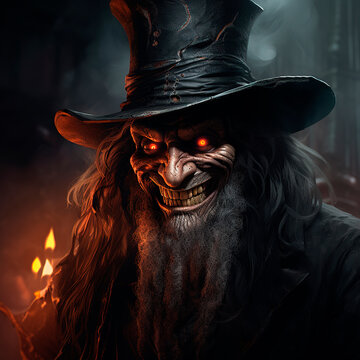 A sorcerer with a long beard and glowing eyes wearing a top hat. Generative AI