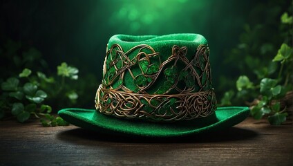 A stylized rendering of a leprechaun's hat, featuring intricate Celtic knotwork and a bold emerald shamrock, perfect for celebrating St. Patrick's Day.