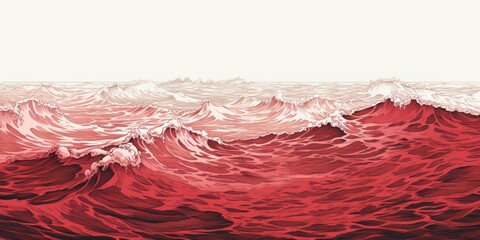 Minimal pen illustration sketch red & white drawing of an ocean - obrazy, fototapety, plakaty