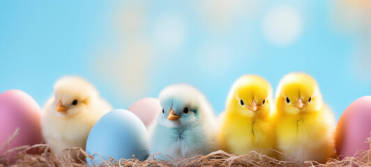 Adorable Chicks with Easter Eggs on Blue