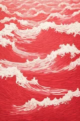 Fotobehang Vermiljoen Minimal pen illustration sketch red & white drawing of an ocean