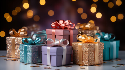Colored gift boxes with gold ribbon, concept of Christmas holidays or a New Year