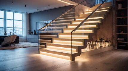 A modern light wood staircase with clear glass railings, subtly illuminated by LED strip lighting under the handrails, in a stylish urban loft.