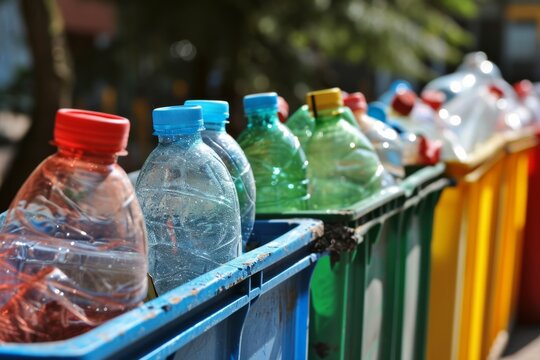 Sorting plastic bottles into recycling bins to protect the environment