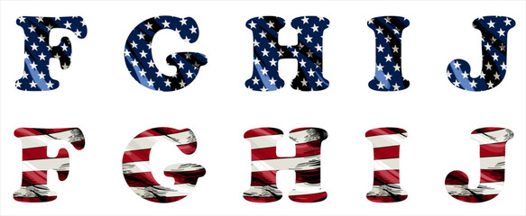 Vector font on background 
of national flag of usa.
A set of letters of english alphabet FGHIJ with
american pattern of stars and stripes for
clothing, fabric, textile, paper, inscription on t-shirt.
