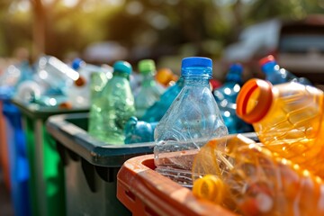 Sorting plastic bottles into recycling bins to protect the environment