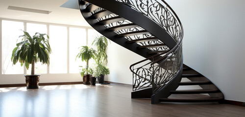 A modern minimalist spiral staircase, combining dark wood treads with simple yet elegant ironwork on the sides. - obrazy, fototapety, plakaty